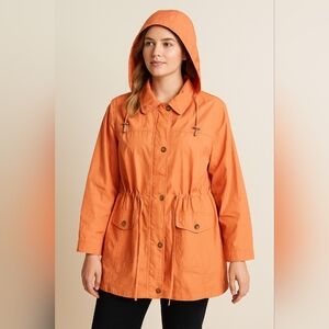 Roaman’s 2X Orange Rain Jacket Hooded Drawstring Waist Nylon Zip Snap Pockets...